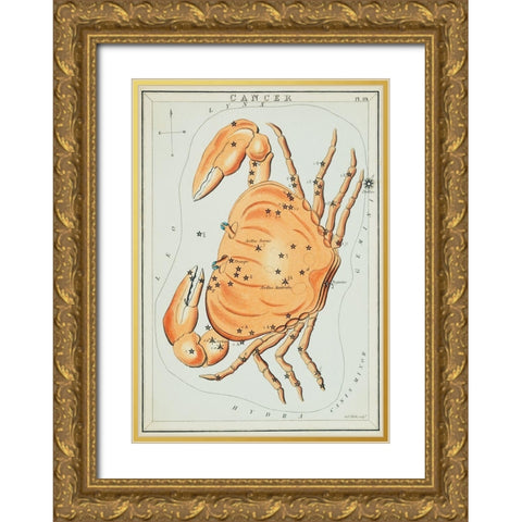 Astronomical chart illustration of the cancer zodiac Gold Ornate Wood Framed Art Print with Double Matting by Hall, Sidney