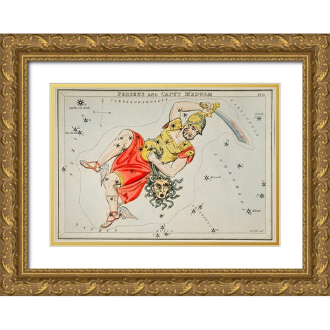 Astronomical chart illustration of the Perseus and the Caput Medusae Gold Ornate Wood Framed Art Print with Double Matting by Hall, Sidney