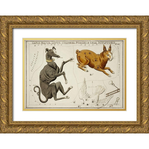 Astronomical chart illustration of the Canis Major-Lepus-Columba Noachi and the Cela Sculptoris Gold Ornate Wood Framed Art Print with Double Matting by Hall, Sidney