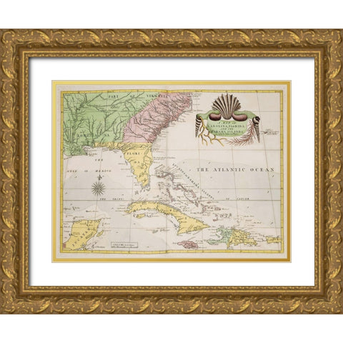 A map of Carolina-Florida and the Bahama Islands 1754 Gold Ornate Wood Framed Art Print with Double Matting by Catesby, Mark