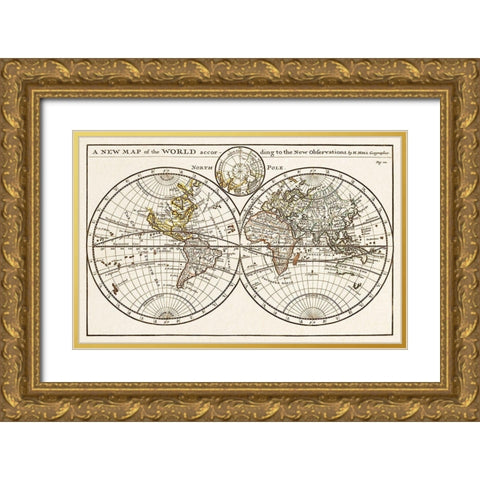 A new map of the world according to the new observations 1732 Gold Ornate Wood Framed Art Print with Double Matting by Moll, Herman