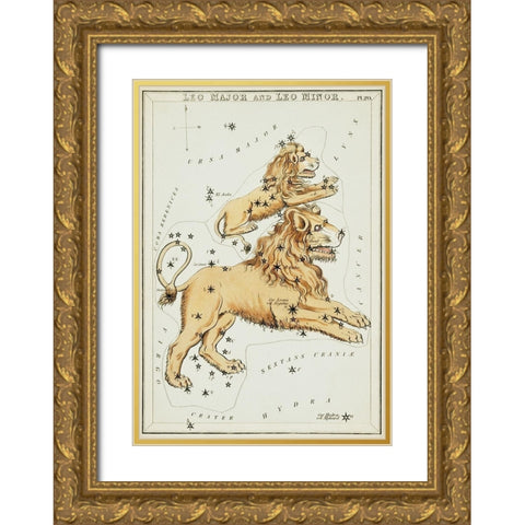 Astronomical chart illustration of the Leo Major and the Leo Minor Gold Ornate Wood Framed Art Print with Double Matting by Hall, Sidney