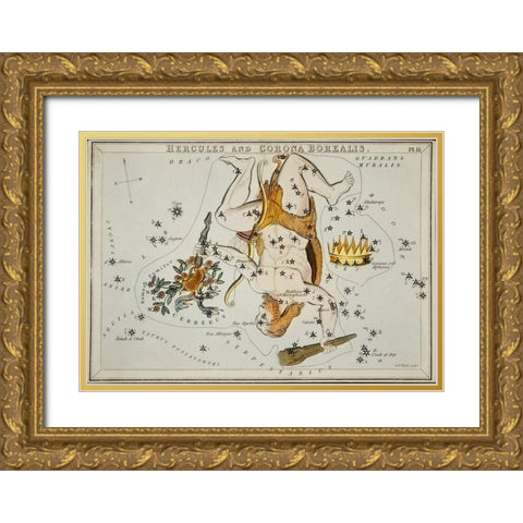 Astronomical chart illustration of the Hercules and the Corona Borealis Gold Ornate Wood Framed Art Print with Double Matting by Hall, Sidney