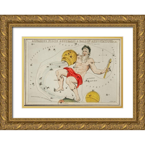 Astronomical chart illustration of the Zodiacs Aquaris-Piscis Australis and Ballon Aerostatique Gold Ornate Wood Framed Art Print with Double Matting by Hall, Sidney