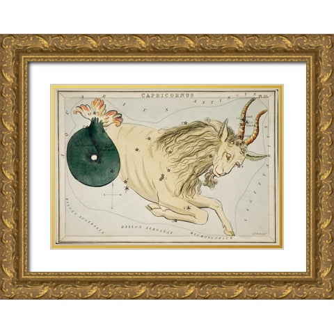 Astronomical chart illustration of the Zodiac Capricornus Gold Ornate Wood Framed Art Print with Double Matting by Hall, Sidney