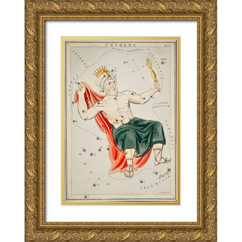 Astronomical chart illustration of the Cepheus Gold Ornate Wood Framed Art Print with Double Matting by Hall, Sidney