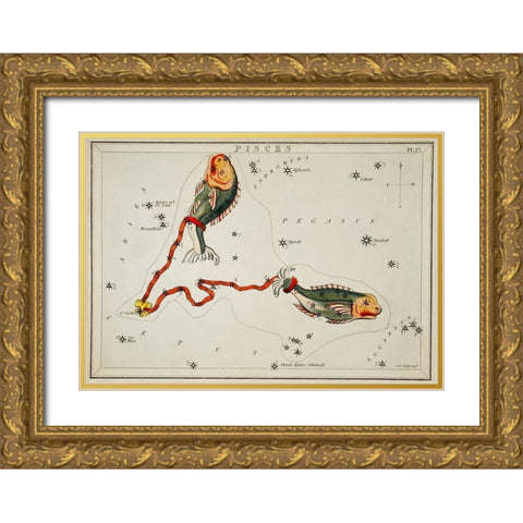 Astronomical chart illustration of the Pisces Gold Ornate Wood Framed Art Print with Double Matting by Hall, Sidney