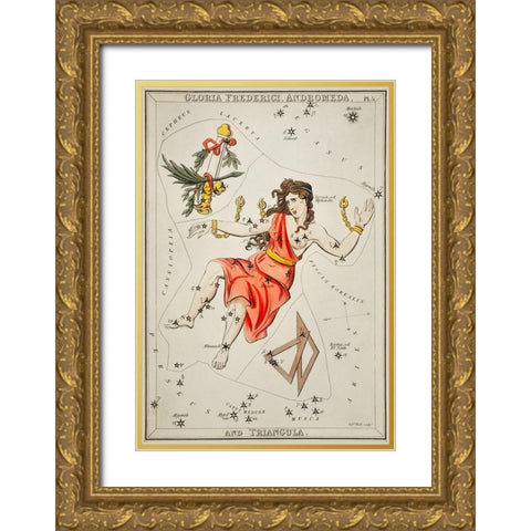 Astronomical chart illustration of Gloria Frederici-Andromeda Gold Ornate Wood Framed Art Print with Double Matting by Hall, Sidney
