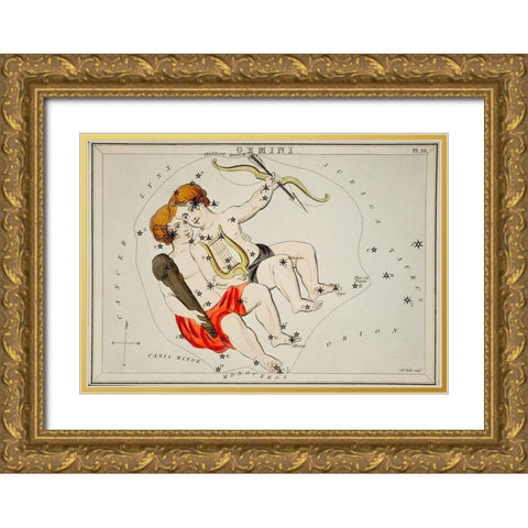 Astronomical chart illustration of the Zodiac Gemini Gold Ornate Wood Framed Art Print with Double Matting by Hall, Sidney