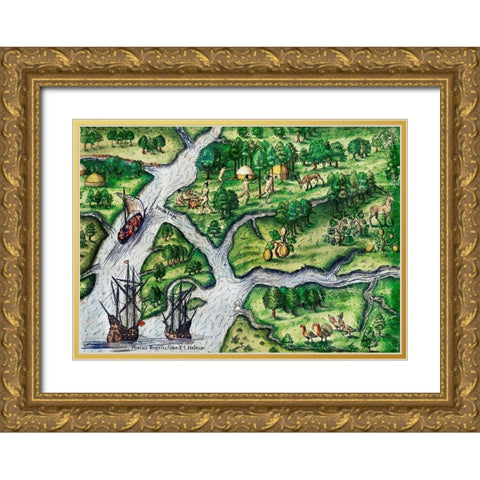 Port Royal-South Carolina illustration from Grand voyages 1596 Gold Ornate Wood Framed Art Print with Double Matting by Bry, Theodor de
