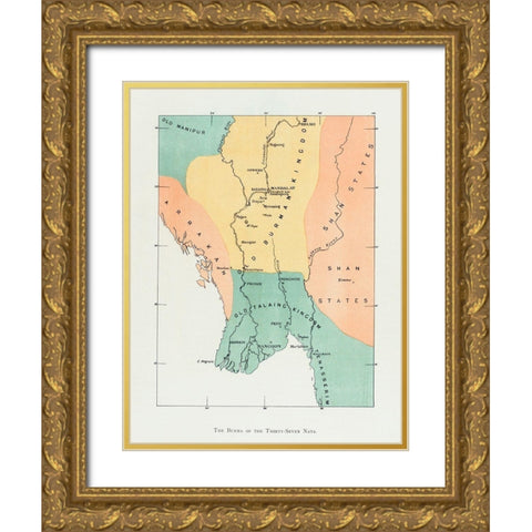 Map of the old Burman kingdom 1906 Gold Ornate Wood Framed Art Print with Double Matting by Griggs, William