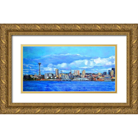 Skyline of Seattle Gold Ornate Wood Framed Art Print with Double Matting by Ghanooni, Sarah
