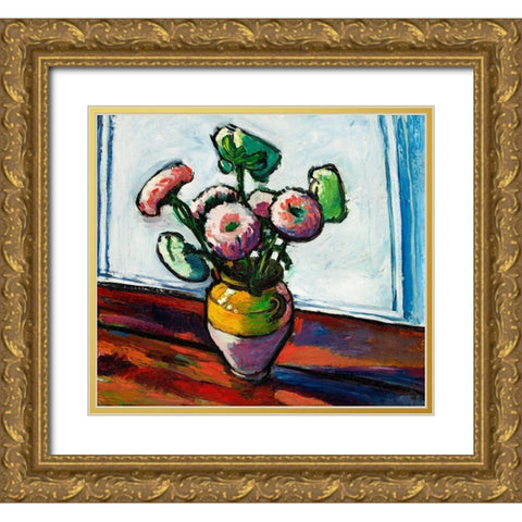 Zinnias Gold Ornate Wood Framed Art Print with Double Matting by Sayen, Henry Lyman