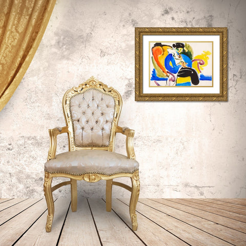 Calligraphic 2 Woman on Chair Gold Ornate Wood Framed Art Print with Double Matting by Sayen, Henry Lyman