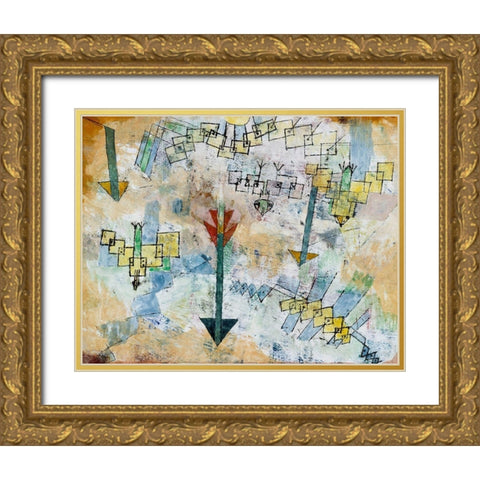 Birds Swooping Down and Arrows Gold Ornate Wood Framed Art Print with Double Matting by Klee, Paul
