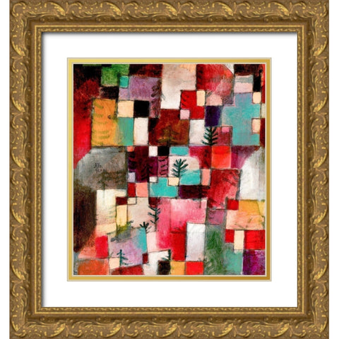 Red green and Violet Yellow Rhythms Gold Ornate Wood Framed Art Print with Double Matting by Klee, Paul
