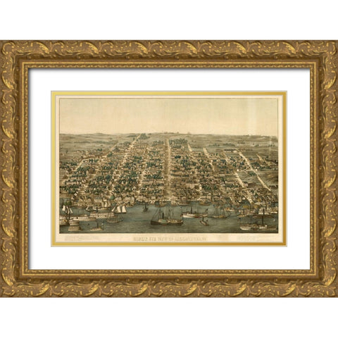 Birds Eye View of Alexandria Virginia 1863 Gold Ornate Wood Framed Art Print with Double Matting by Vintage Places