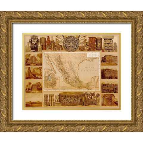 Archaeological Map of Mexico Gold Ornate Wood Framed Art Print with Double Matting by Vintage Maps