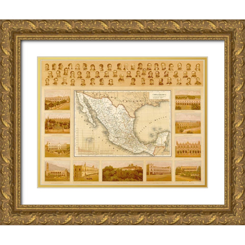Political Map of Mexico Gold Ornate Wood Framed Art Print with Double Matting by Vintage Maps