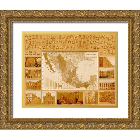 Public Education in Mexico Gold Ornate Wood Framed Art Print with Double Matting by Vintage Maps