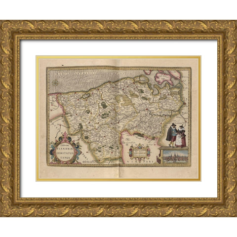 Flanders Belgium Map Gold Ornate Wood Framed Art Print with Double Matting by Vintage Maps