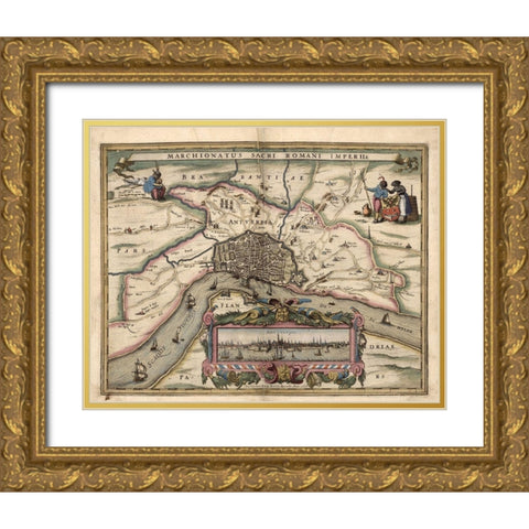 Map of Antwerp Belgium Gold Ornate Wood Framed Art Print with Double Matting by Vintage Maps