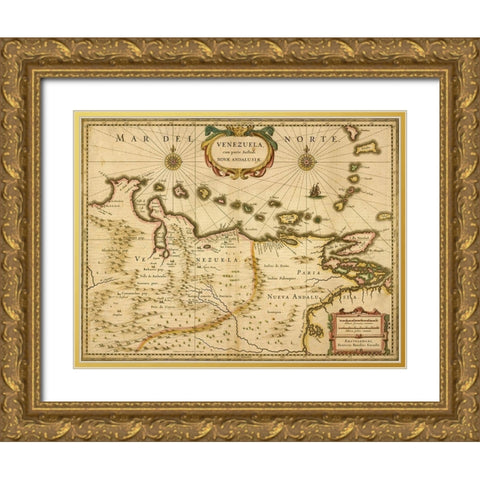 Venezuela 1630 Gold Ornate Wood Framed Art Print with Double Matting by Vintage Maps