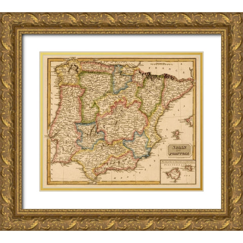 Spain 1817 Gold Ornate Wood Framed Art Print with Double Matting by Vintage Maps