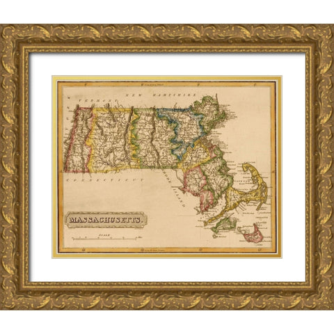 Massachusetts 1817 Gold Ornate Wood Framed Art Print with Double Matting by Vintage Maps