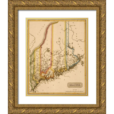 Maine 1817 Gold Ornate Wood Framed Art Print with Double Matting by Vintage Maps
