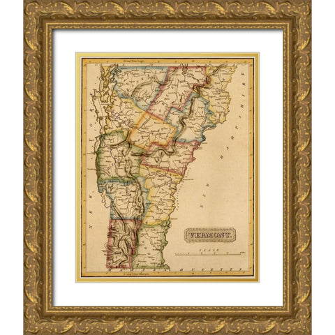 Vermont 1817 Gold Ornate Wood Framed Art Print with Double Matting by Vintage Maps