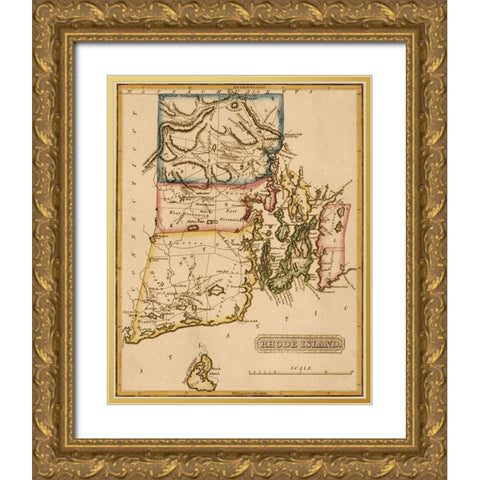 Rhode Island 1817 Gold Ornate Wood Framed Art Print with Double Matting by Vintage Maps