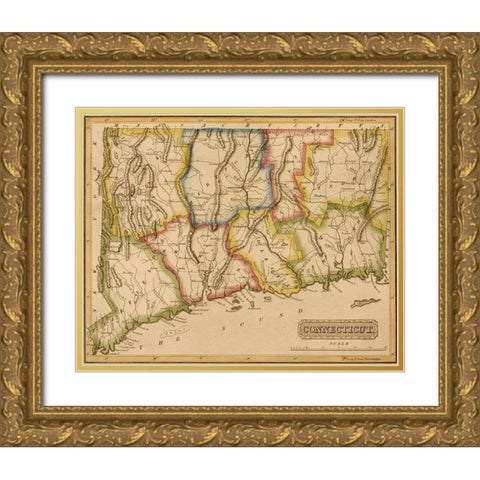 Connecticut 1817 Gold Ornate Wood Framed Art Print with Double Matting by Vintage Maps