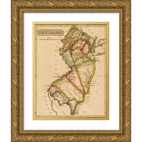 New Jersey 1817 Gold Ornate Wood Framed Art Print with Double Matting by Vintage Maps