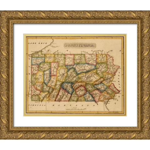 Pennsylvania 1817 Gold Ornate Wood Framed Art Print with Double Matting by Vintage Maps