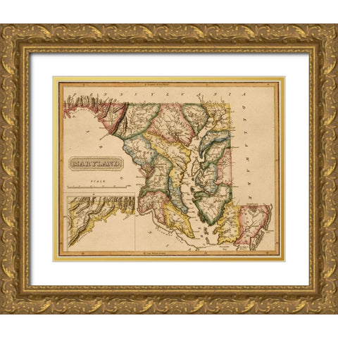 Maryland 1817 Gold Ornate Wood Framed Art Print with Double Matting by Vintage Maps