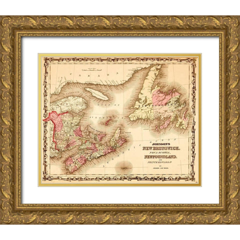 New Brunswick and Newfoundland 1862 Gold Ornate Wood Framed Art Print with Double Matting by Vintage Maps
