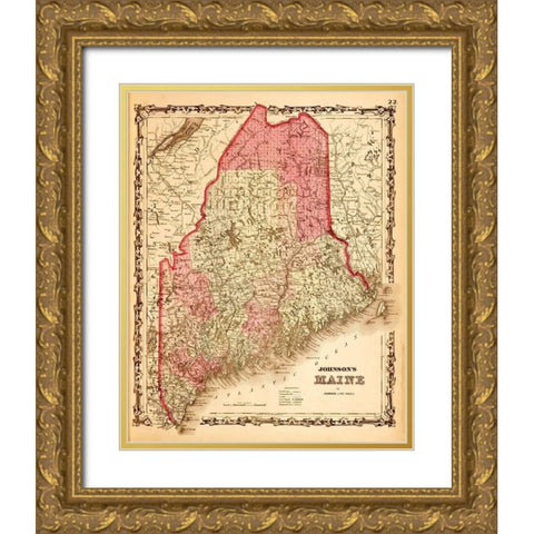 Maine 1862 Gold Ornate Wood Framed Art Print with Double Matting by Vintage Maps