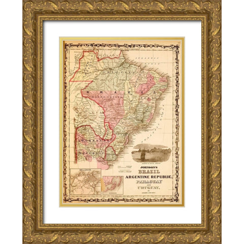 Brazil and Argentina 1862 Gold Ornate Wood Framed Art Print with Double Matting by Vintage Maps