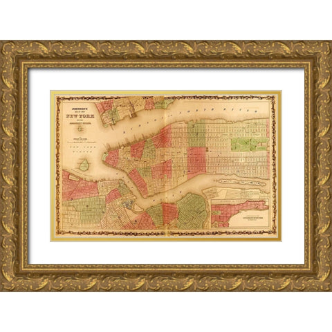 Manhattan Island 1862 Gold Ornate Wood Framed Art Print with Double Matting by Vintage Maps