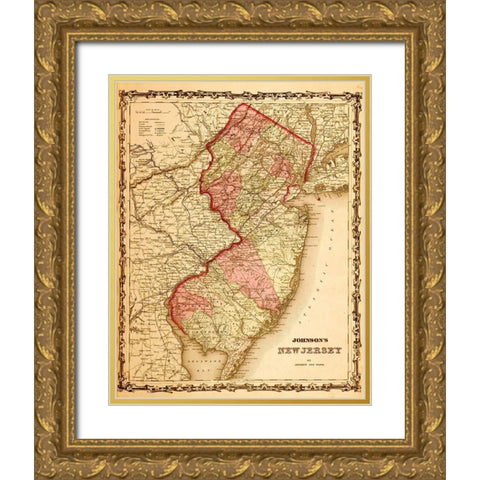 New Jersey 1862 Gold Ornate Wood Framed Art Print with Double Matting by Vintage Maps