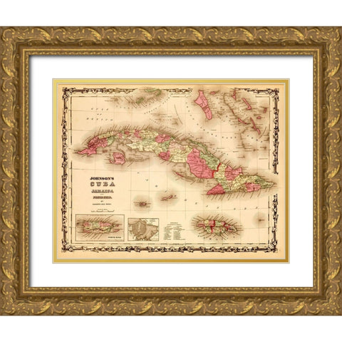 Cuba 1862 Gold Ornate Wood Framed Art Print with Double Matting by Vintage Maps