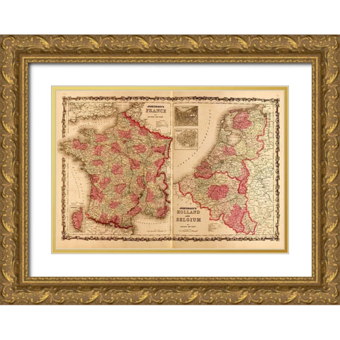 France Holland and Belgium 1862 Gold Ornate Wood Framed Art Print with Double Matting by Vintage Maps