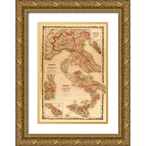 Italy 1862 Gold Ornate Wood Framed Art Print with Double Matting by Vintage Maps