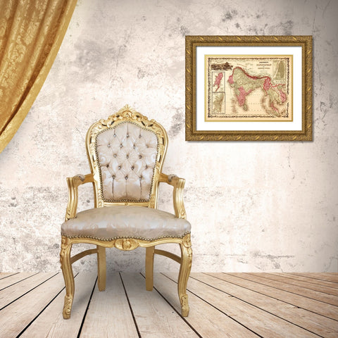 India Hindustan 1862 Gold Ornate Wood Framed Art Print with Double Matting by Vintage Maps