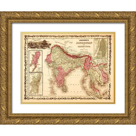 India Hindustan 1862 Gold Ornate Wood Framed Art Print with Double Matting by Vintage Maps