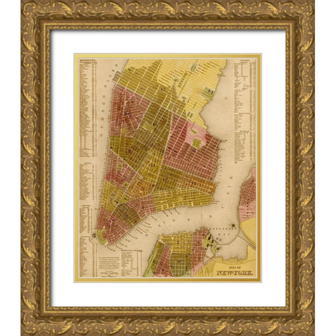 Manhattan Island 1844 Gold Ornate Wood Framed Art Print with Double Matting by Vintage Maps