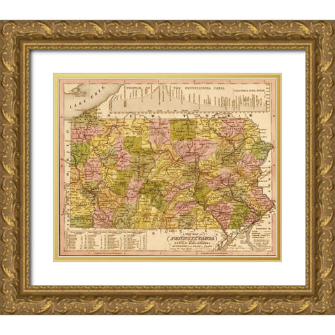 Pennsylvania 1844 Gold Ornate Wood Framed Art Print with Double Matting by Vintage Maps