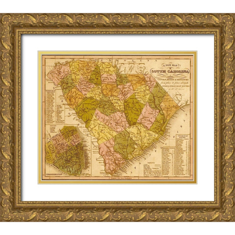 South Carolina 1844 Gold Ornate Wood Framed Art Print with Double Matting by Vintage Maps