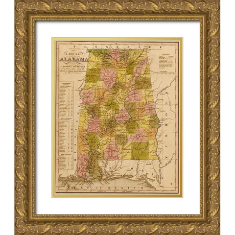 Alabama 1844 Gold Ornate Wood Framed Art Print with Double Matting by Vintage Maps